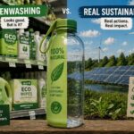 The image is created to portray the difference between greenwashing and real sustainability